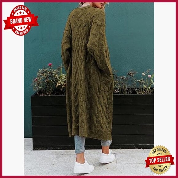 Knee Length Cable Knit Cardigan Sweater Open Front Loose Fit with Pockets - Picture 5 of 7